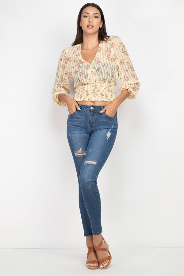 Floral Shadow Stripe V-neck Top