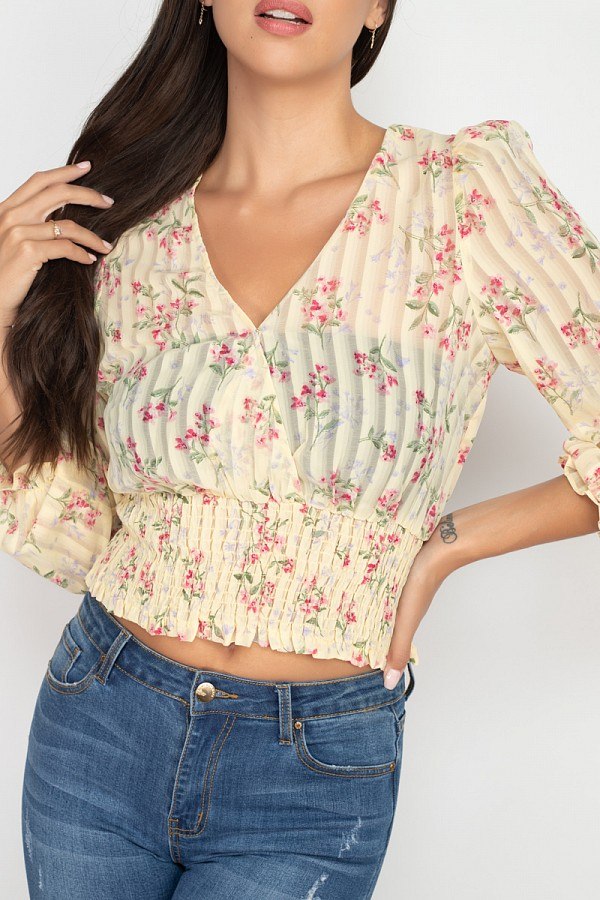 Floral Shadow Stripe V-neck Top