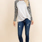 Casual French Terry Side Twist Top With Animal Print Long Sleeves