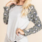 Casual French Terry Side Twist Top With Animal Print Long Sleeves