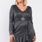 Plus Long Sleeve V-neck Asymmetrical Wrap Flare Hem Belt Detail Oval Rhinestone Buckle Mini Dress