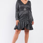 Plus Long Sleeve V-neck Asymmetrical Wrap Flare Hem Belt Detail Oval Rhinestone Buckle Mini Dress