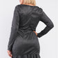 Plus Long Sleeve V-neck Asymmetrical Wrap Flare Hem Belt Detail Oval Rhinestone Buckle Mini Dress