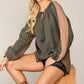 Textured Color Mixed Tassel Tie Peasant Top With Reverse Stitch Detail