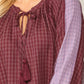 Textured Color Mixed Tassel Tie Peasant Top With Reverse Stitch Detail