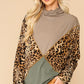 Solid And Animal Print Mixed Knit Turtleneck Top With Long Sleeves