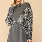 Solid And Animal Print Mixed Knit Turtleneck Top With Long Sleeves