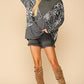 Solid And Animal Print Mixed Knit Turtleneck Top With Long Sleeves