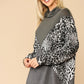 Solid And Animal Print Mixed Knit Turtleneck Top With Long Sleeves
