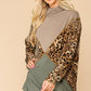 Solid And Animal Print Mixed Knit Turtleneck Top With Long Sleeves