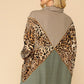 Solid And Animal Print Mixed Knit Turtleneck Top With Long Sleeves