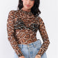 Taupe Brown Jaguar Print Sheer Mesh Mock Neck Long Sleeve Bodysuit