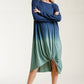 Ombre Front Knot Detail Long Sleeve Maxi Dress With Raw Hem