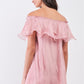 Pink Pleated Off-the-shoulder Double Layered Frill Trim Mini Dress