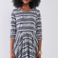 Navy & White Multi Print Round Neck 3/4 Sleeve A-line Mini Dress