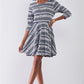Navy & White Multi Print Round Neck 3/4 Sleeve A-line Mini Dress