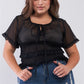 Plus Short Sleeve U-neck With Self-tie Detail Frill Smocked Sheer Top