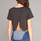 Short Sleeve Round Neck Petal Split Back Detail Crop Tee