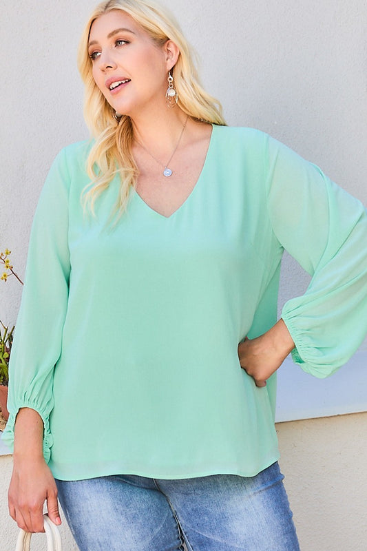 V Neck Bubble Sleeve Solid Top