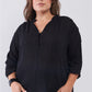 Plus Striped Frill Neck Gathered Sleeve Detail Button-down Relaxed Boho Top