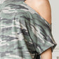 Asymmetric Neck Contrast Trim Camo Print Top