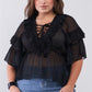 Plus Sheer Mesh Ruffle Lace-up V-neck Detail Wide Sleeve Relaxed Top