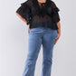 Plus Sheer Mesh Ruffle Lace-up V-neck Detail Wide Sleeve Relaxed Top