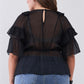 Plus Sheer Mesh Ruffle Lace-up V-neck Detail Wide Sleeve Relaxed Top