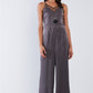 Dark Olive Chic Satin Sleeveless Mesh Hem V-neck Wide Leg Jumpsuit