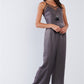 Dark Olive Chic Satin Sleeveless Mesh Hem V-neck Wide Leg Jumpsuit