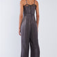 Dark Olive Chic Satin Sleeveless Mesh Hem V-neck Wide Leg Jumpsuit