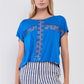 Royal Blue Boat Neck Short Sleeve See-trough Cross Cut-in Detail With Floral Embroidery Top