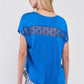 Royal Blue Boat Neck Short Sleeve See-trough Cross Cut-in Detail With Floral Embroidery Top