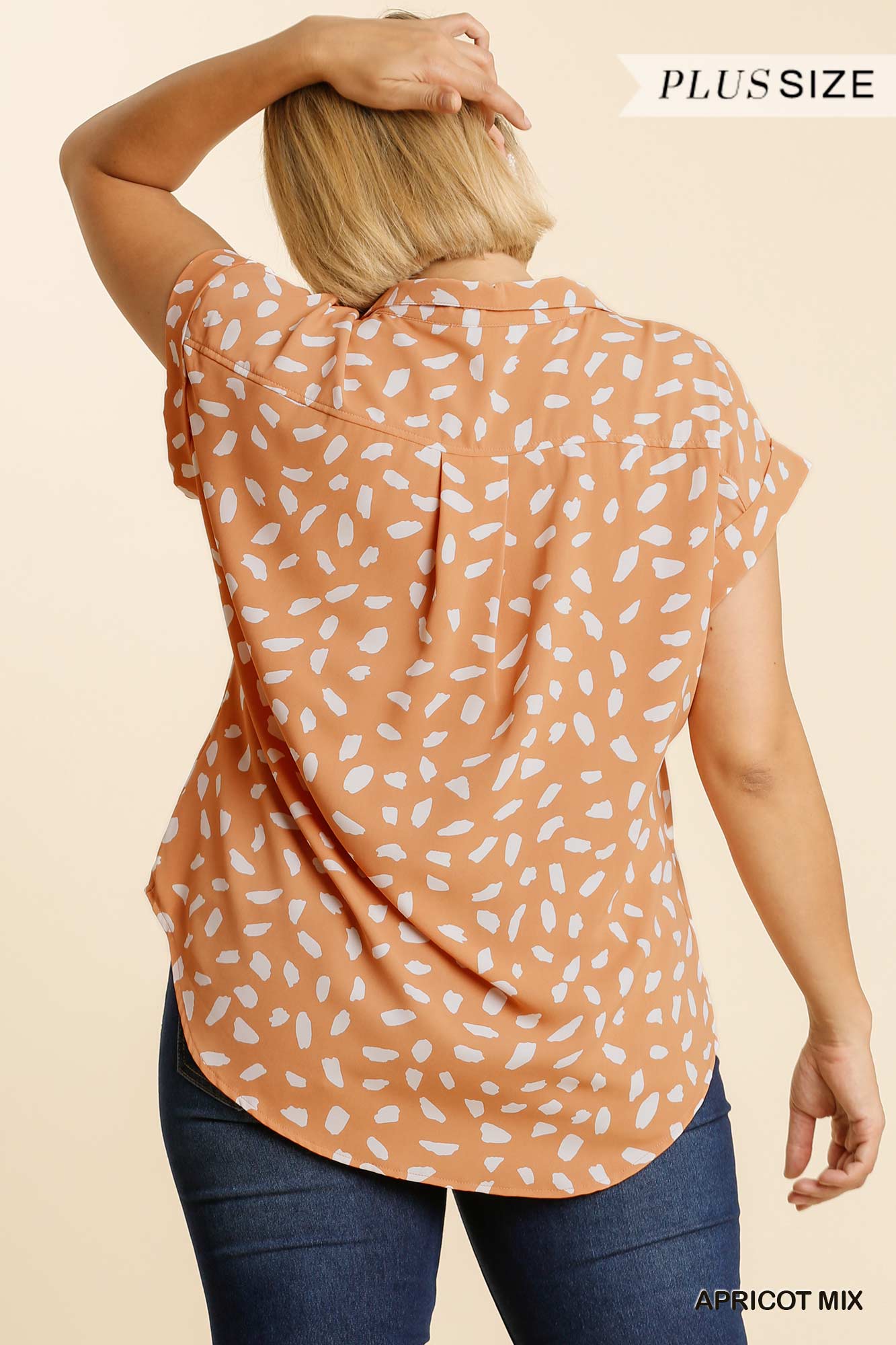 V-neck Dalmatian Print Button Front Top With Pocket Detail