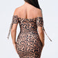 Leopard Print Off Shoulder Shirring Bodycon Dress