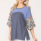 Colorblock Knit And Floral Print Mixed Top With Dolman Sleeve