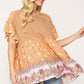 Dot And Floral Print Mixed Ruffle Top With Back Keyhole