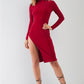 Passion Red Turtle Neck Long Sleeve Super Deep Side Slit With Tie Detail Midi Dress