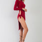 Passion Red Turtle Neck Long Sleeve Super Deep Side Slit With Tie Detail Midi Dress