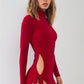 Passion Red Turtle Neck Long Sleeve Super Deep Side Slit With Tie Detail Midi Dress