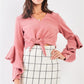 Fuzzy long ruffle sleeve v-neck self-tie front detail cropped top