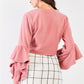 Fuzzy long ruffle sleeve v-neck self-tie front detail cropped top