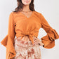 Fuzzy long ruffle sleeve v-neck self-tie front detail cropped top