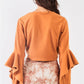Fuzzy long ruffle sleeve v-neck self-tie front detail cropped top