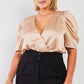 Plus Champagne Satin Plunging Neck Lantern Short Sleeve Bodysuit