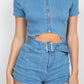 Belted Zip-up Denim Romper