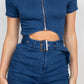 Belted Zip-up Denim Romper