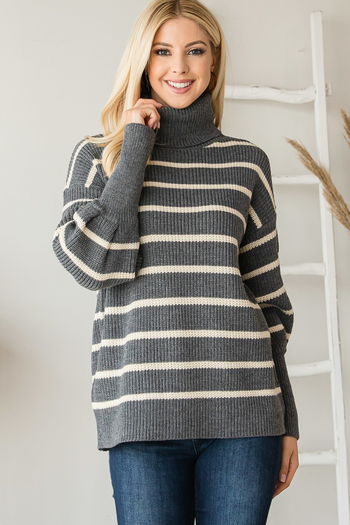 Heavy Knit Striped Turtle Neck Knit Sweater