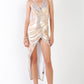Gold Iridescent V-neck Wrap Gathered Deep Side Slit Different Straps Maxi Dress