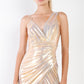 Gold Iridescent V-neck Wrap Gathered Deep Side Slit Different Straps Maxi Dress